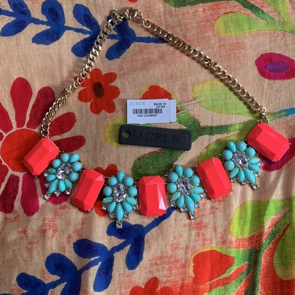 J Crew Statement Necklace with Coral, Turquoise and Rhinestone Gems - Picture 4 of 8